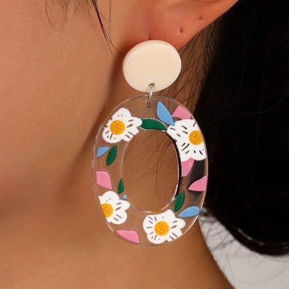 Floral Oval Resin Dangle Earrings NEW! 37O3 - Picture 2 of 11